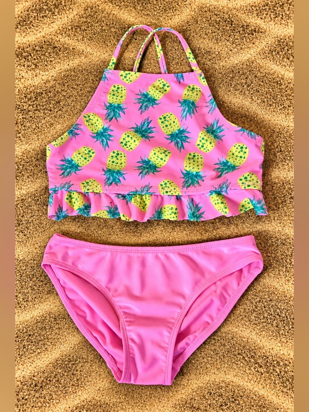 Old Navy Girls M Pink Pineapple Ruffle 2 Piece Bikini Swimsuit